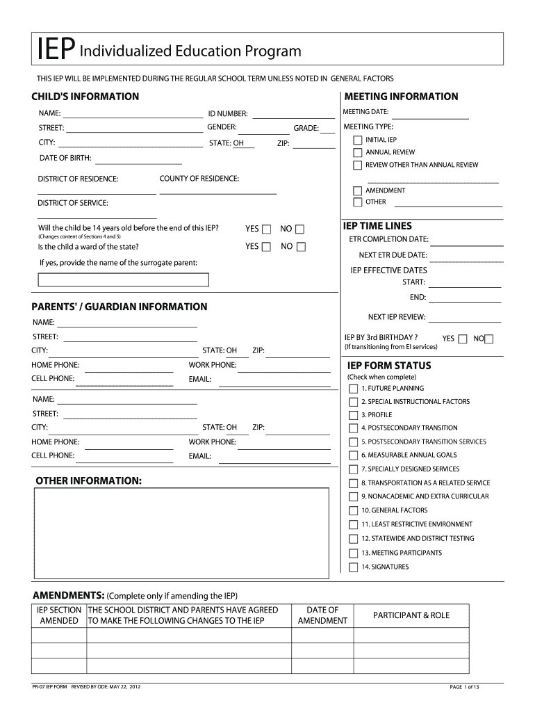 2012 2020 Form Oh Pr 07 Iep Fill Online, Printable, Fillable Pertaining To Blank Iep Template