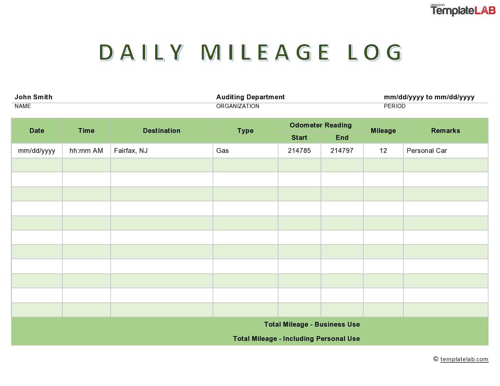 31 Printable Mileage Log Templates (Free) ᐅ Templatelab Inside Gas Mileage Expense Report Template