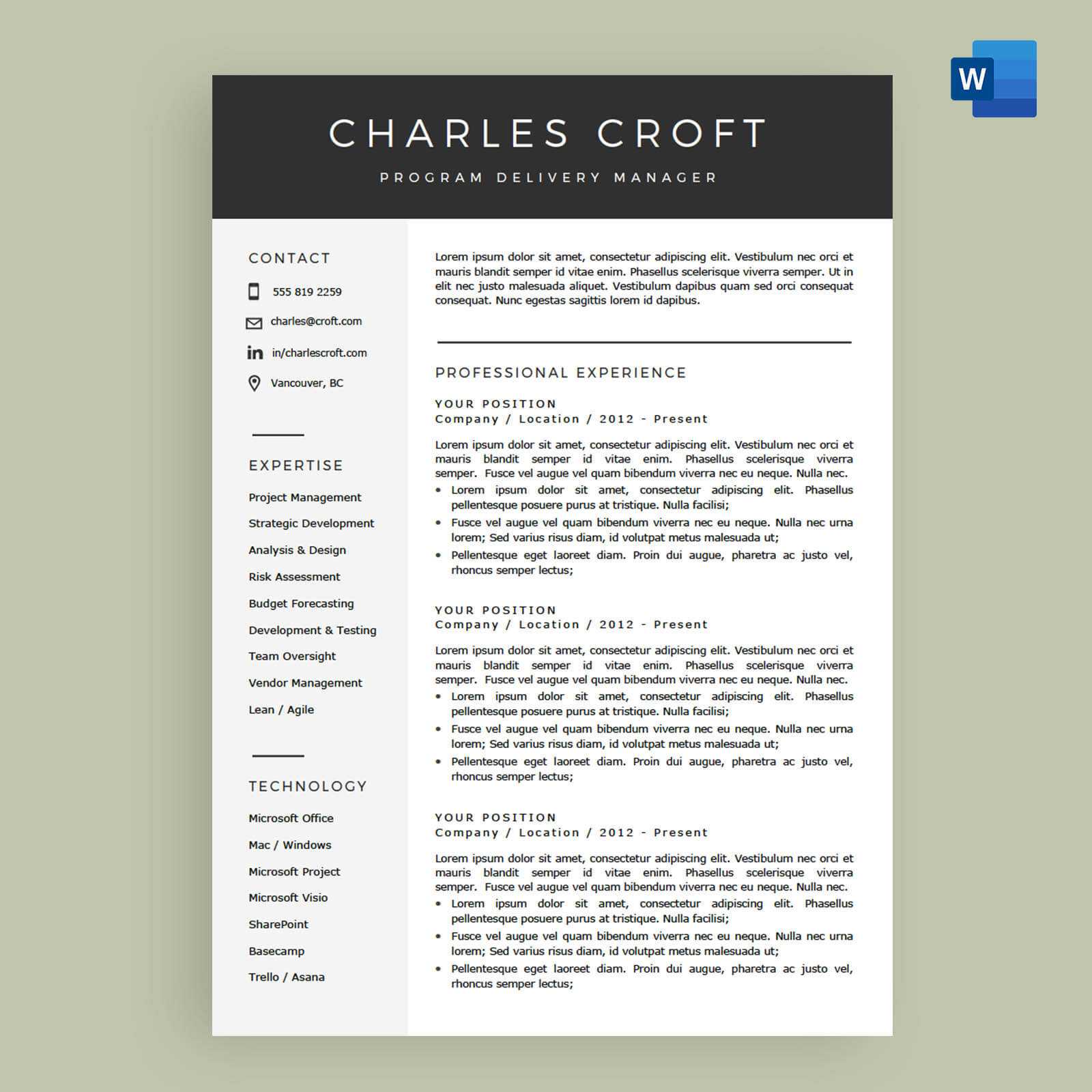 4 Page Resume / Cv Template Package For Microsoft™ Word – The 'charlie' Regarding Microsoft Word Resume Template Free