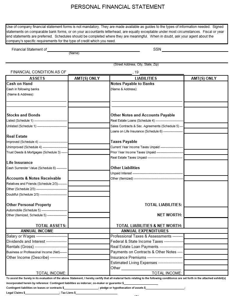 40+ Personal Financial Statement Templates & Forms ᐅ In Blank Personal Financial Statement Template