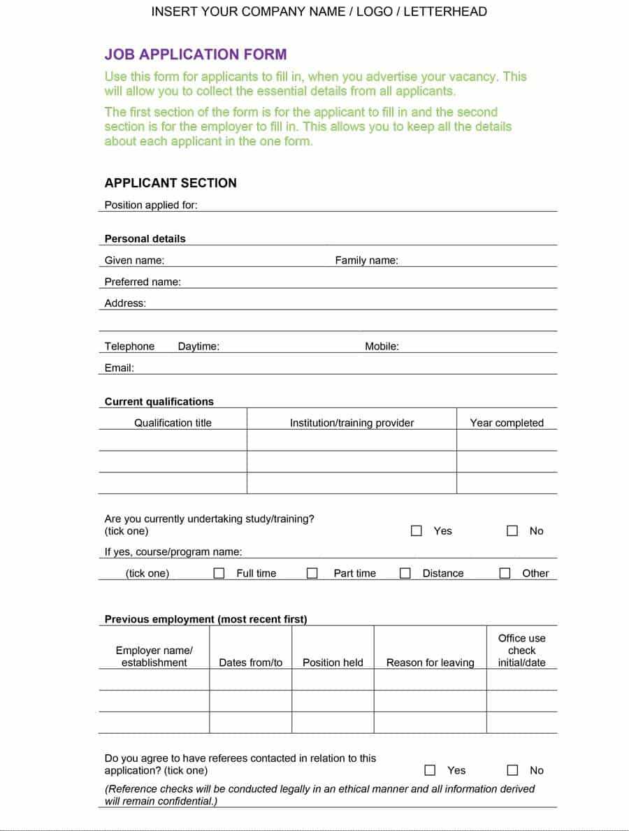 50 Free Employment / Job Application Form Templates Intended For Job Application Template Word