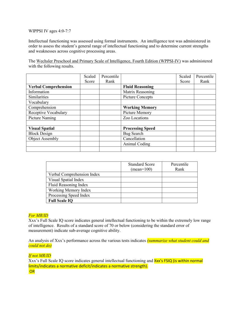 8 Cognitive Template Wppsi Iv Ages 4 0 7 7 Pertaining To Wppsi Iv Report Template