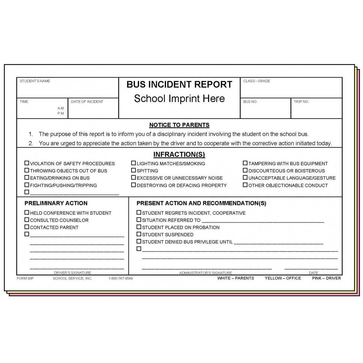 98F – Bus Incident Report W/school Imprint Within School Incident Report Template