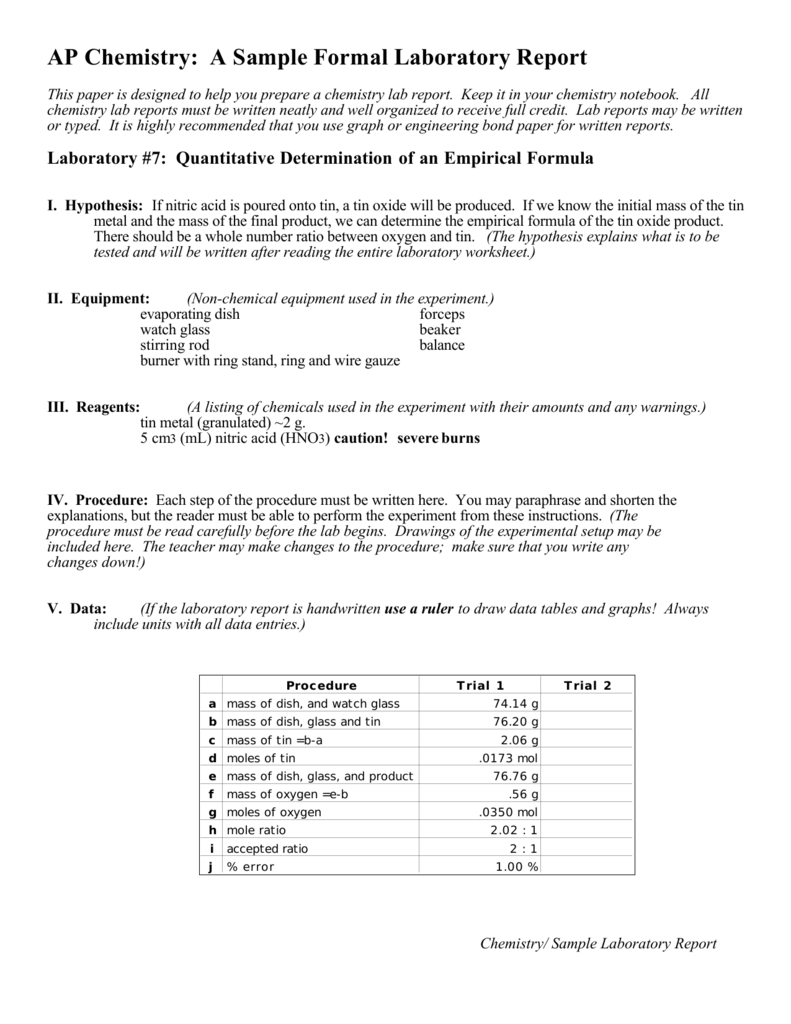 Ap Chemistry: A Sample Formal Laboratory Report With Lab Report Template Chemistry
