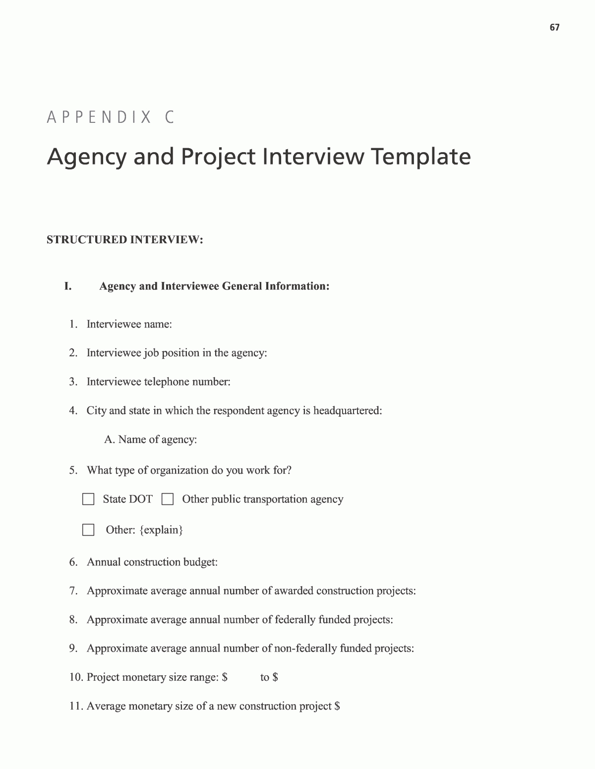 Appendix C – Agency And Project Interview Template For Research Project Report Template