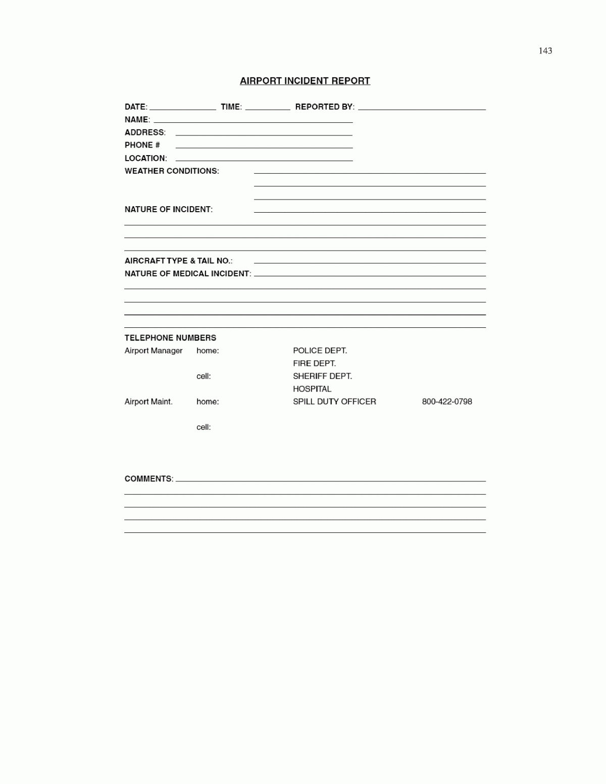 Appendix M – Sample Airport Incident Report Form For Spill With Regard To Incident Report Book Template