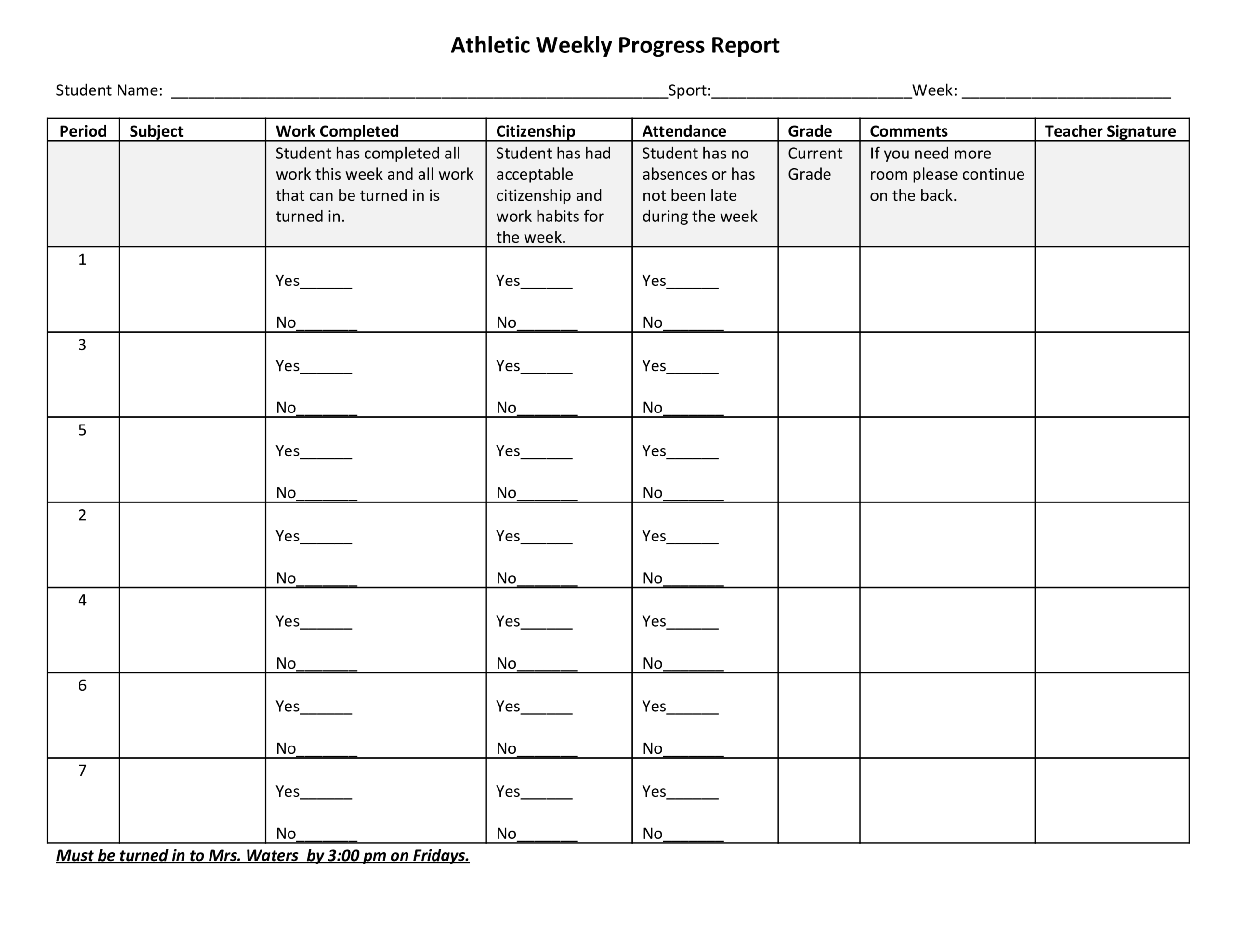 Athletic Weekly Progress Report | Templates At In Student Grade Report Template