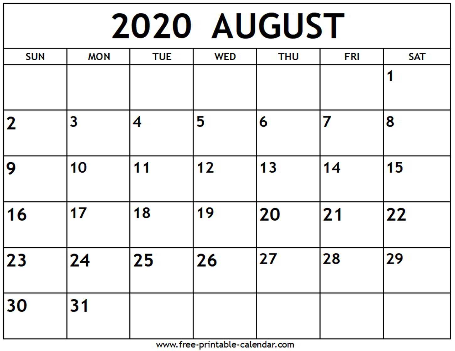 August 2020 Calendar – Free Printable Calendar With Full Page Blank Calendar Template