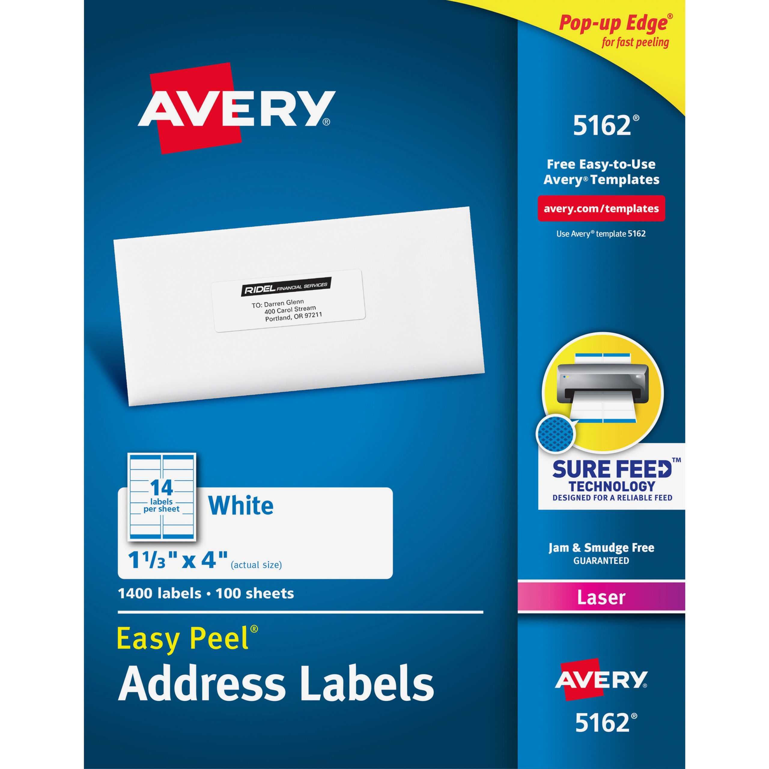 Avery® Easy Peel(R) Address Labels, Sure Feed(Tm) Technology, Permanent  Adhesive, 1 1/3" X 4", 1,400 Labels (5162) – Permanent Adhesive – 4" Width  X 1 Pertaining To Label Template 21 Per Sheet Word