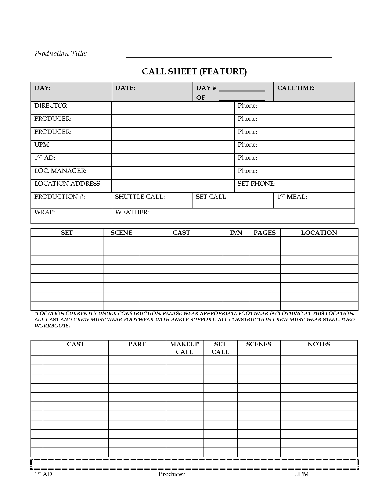 Awesome Call Sheet (Feature) Template Sample For Film Inside Blank Call Sheet Template