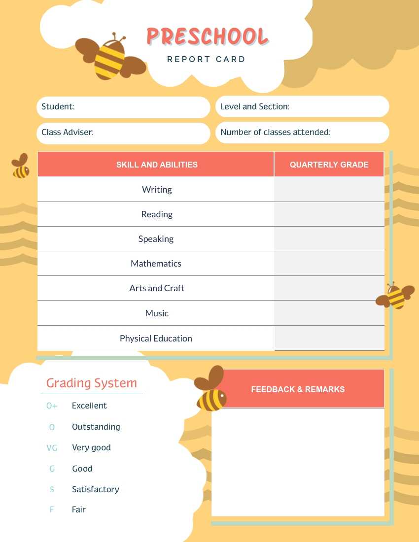Bee Preschool Report Card Template – Visme Intended For Preschool Weekly Report Template