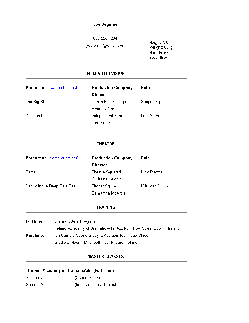 Beginner Acting Resume Template | Templates At Intended For Theatrical Resume Template Word