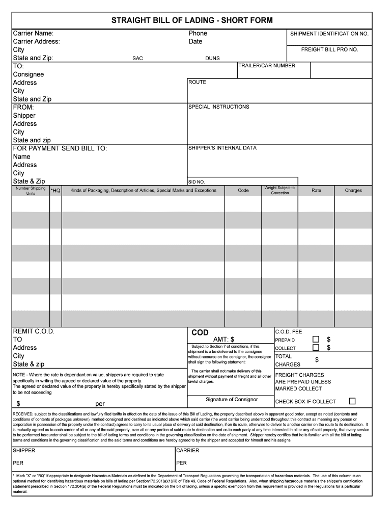 Blank Bill Of Lading Short Form – Dalep.midnightpig.co For Blank Bol Template