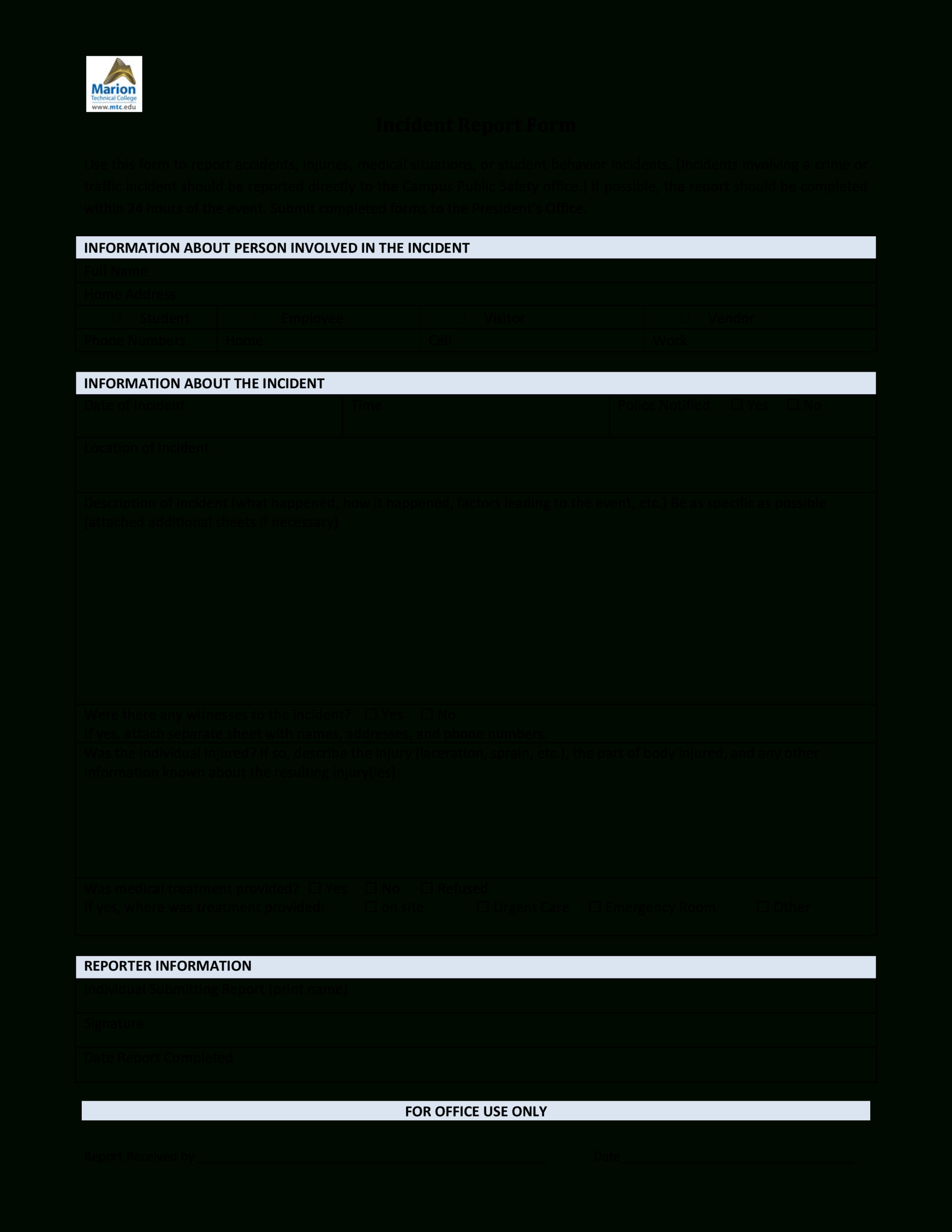 Blank Incident Report Form – Dalep.midnightpig.co Inside First Aid Incident Report Form Template