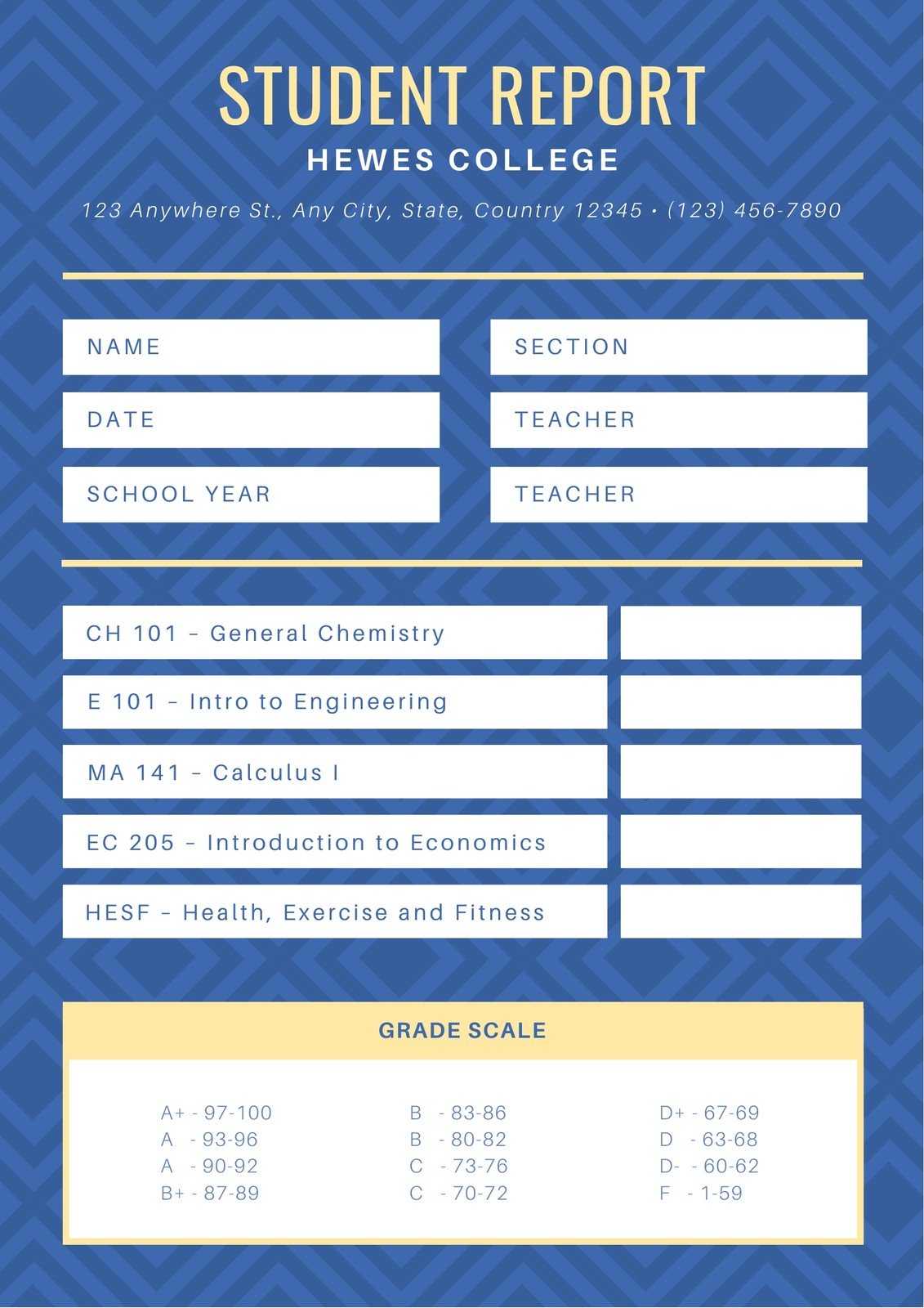 Blue Diamond Pattern College Report Card - Templatescanva In College Report Card Template