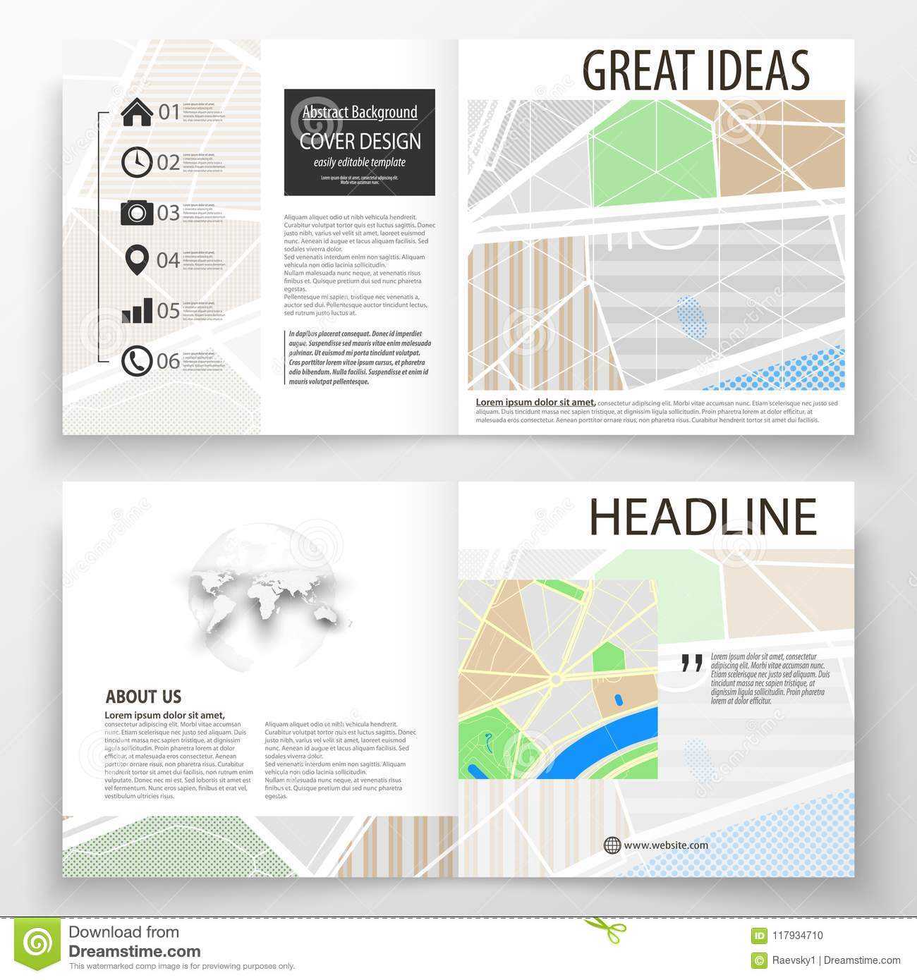 Business Templates For Square Bi Fold Brochure, Magazine With Blank City Map Template