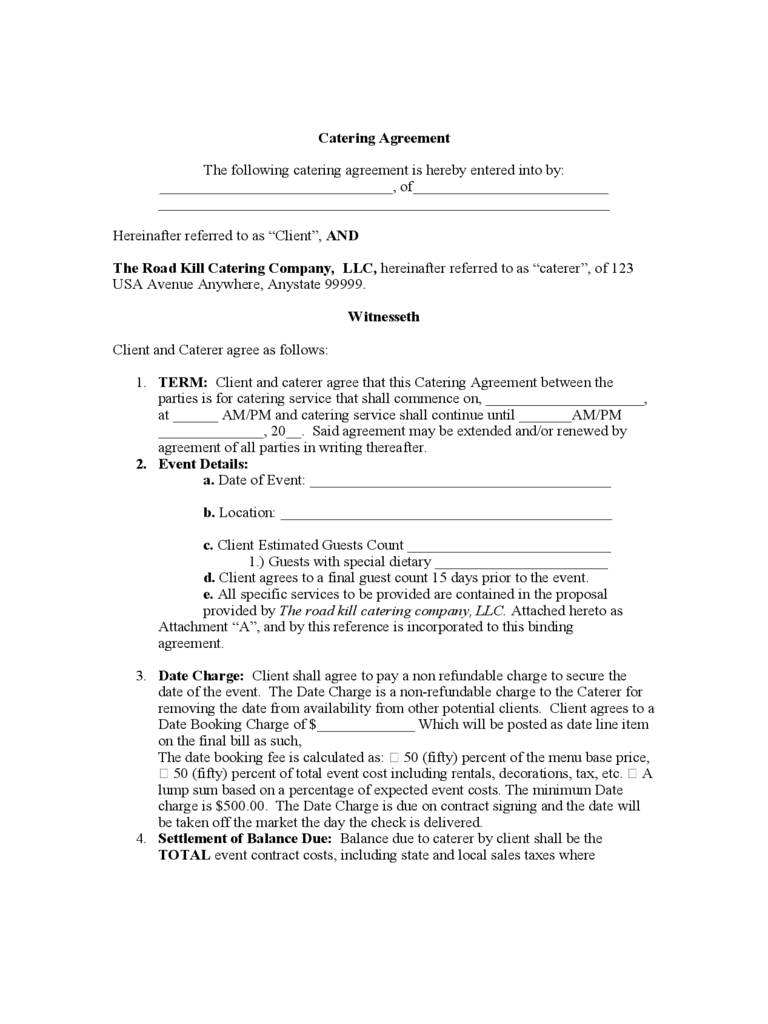Catering Contract Template - 6 Free Templates In Pdf, Word With Catering Contract Template Word