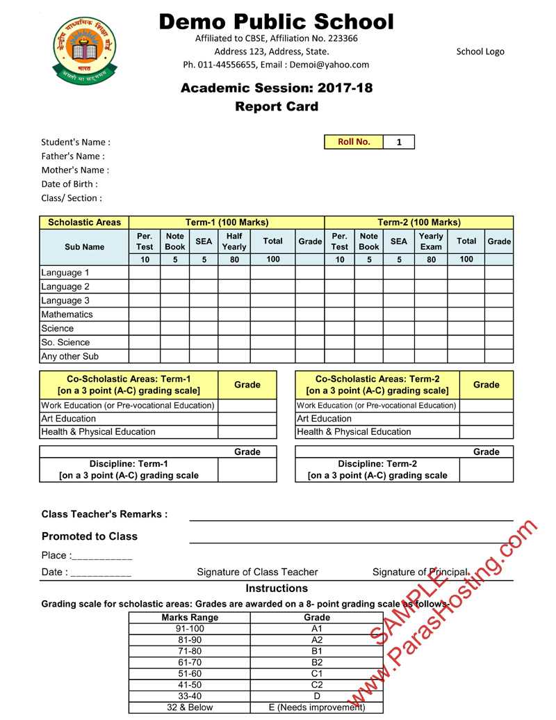 Cbse Report Card Format For Primary Classes  I To V For Report Card Format Template