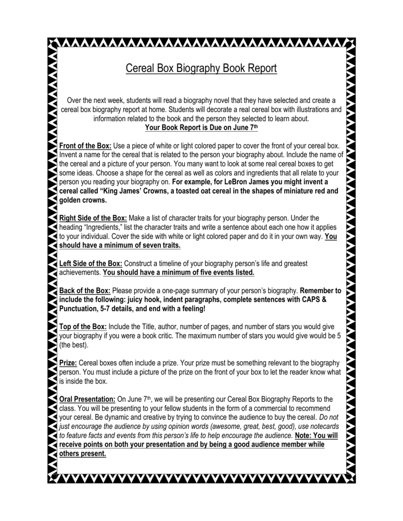 Cereal Box Biography Book Report With Cereal Box Book Report Template