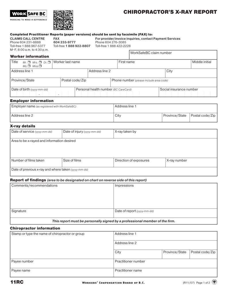 Chiropractor's X Ray Report (Form 11Rc) Throughout Chiropractic X Ray Report Template