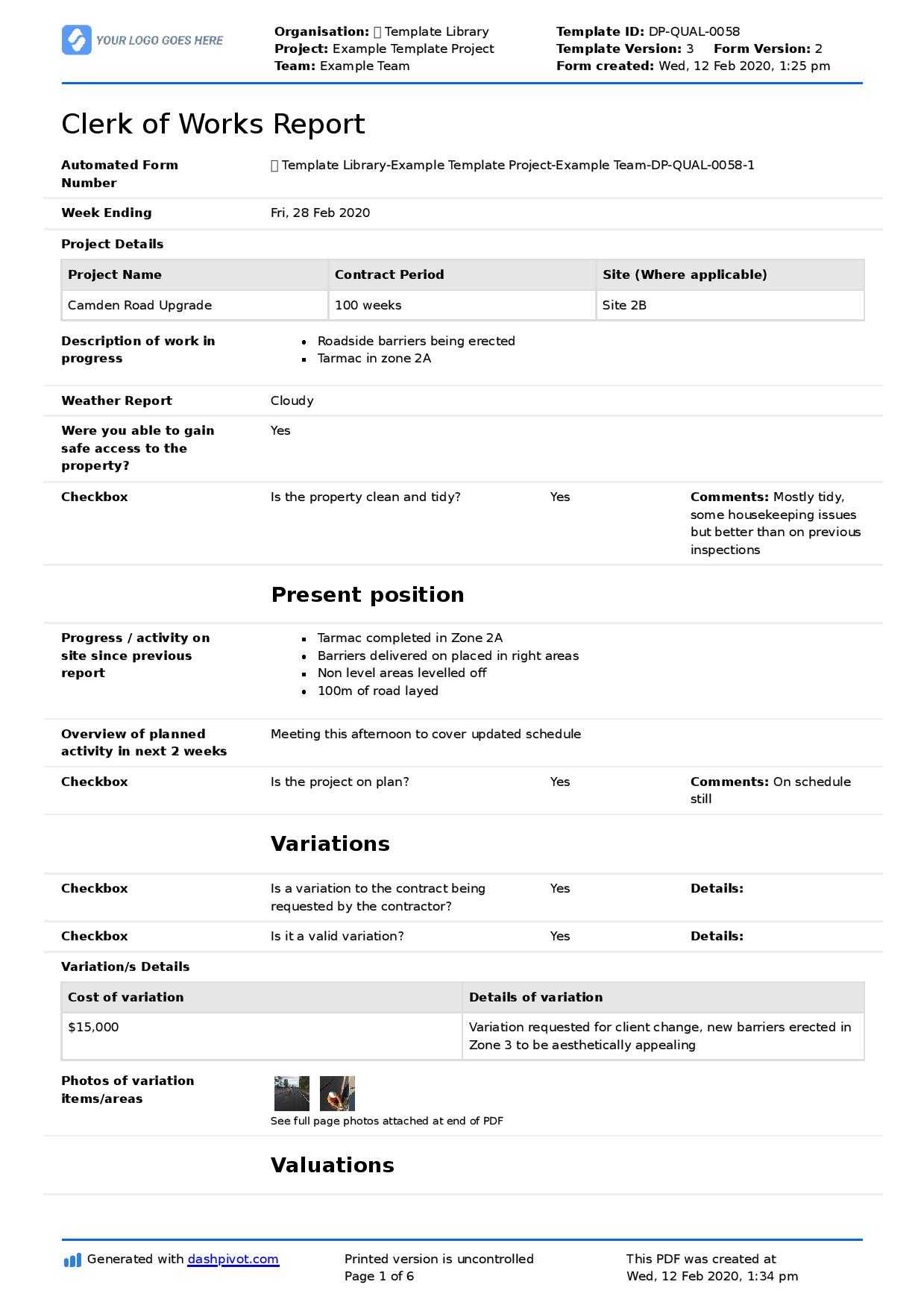 Clerk Of Works Report Template (Weekly, Monthly, Project With Monthly Health And Safety Report Template