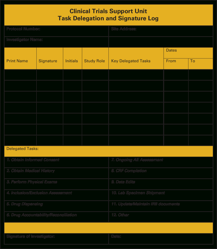 Clinical Trials Support Unit Task Delegation Log. Ae In Case Report Form Template Clinical Trials