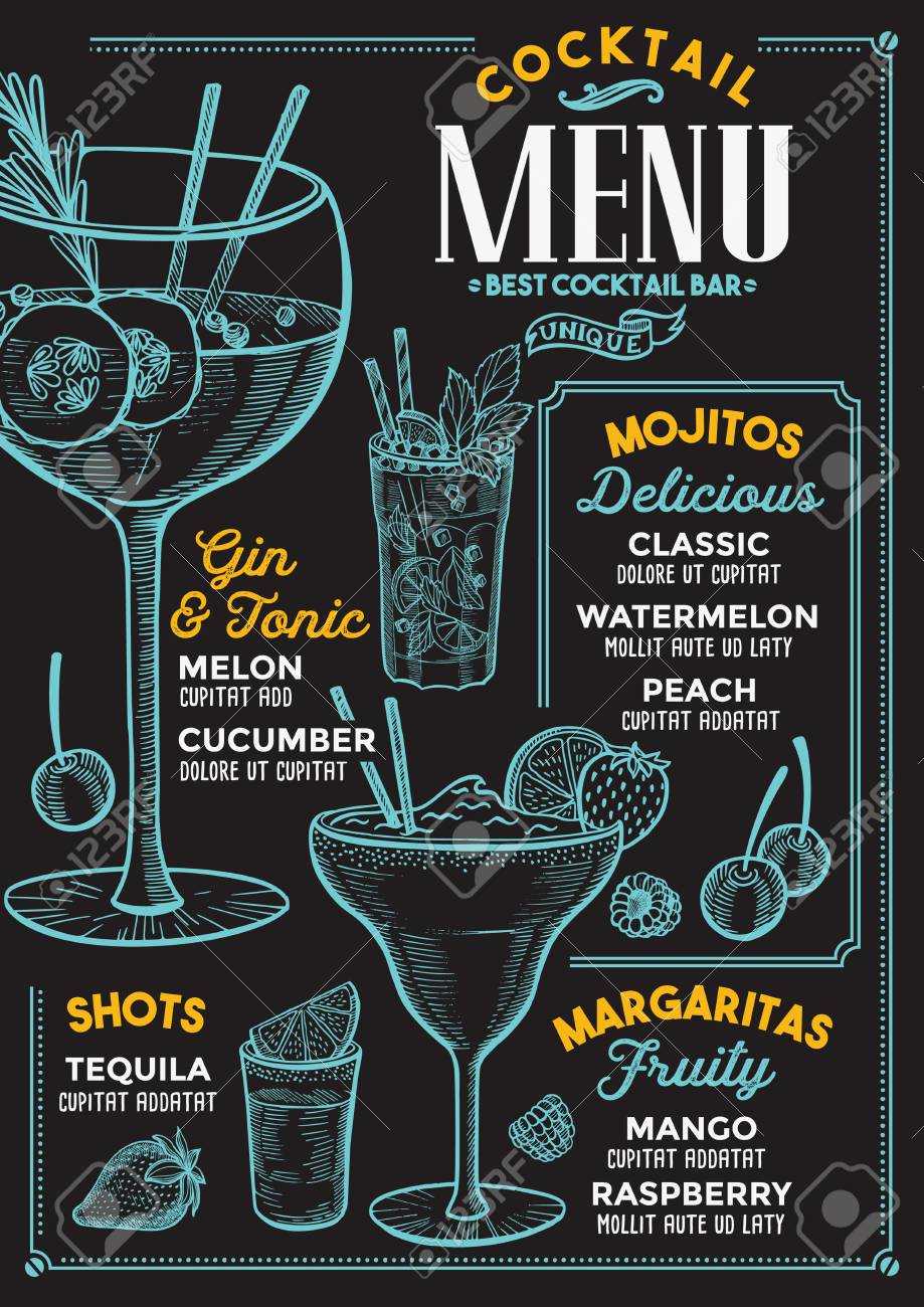 Cocktail Bar Menu. Vector Drinks Flyer For Restaurant And Cafe For Cocktail Menu Template Word Free
