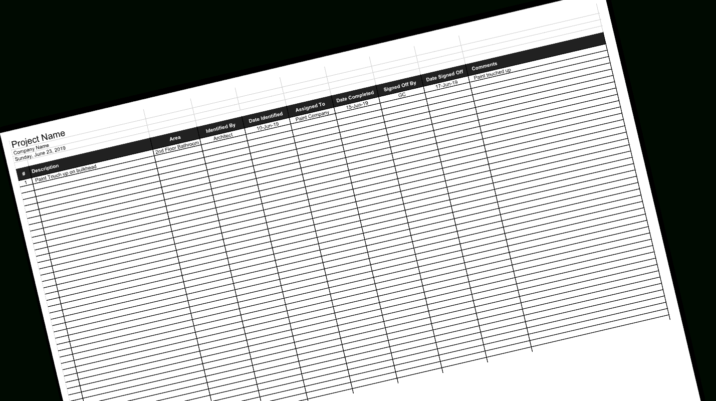 Construction Deficiency Log And Punch List Template With Regard To Construction Deficiency Report Template