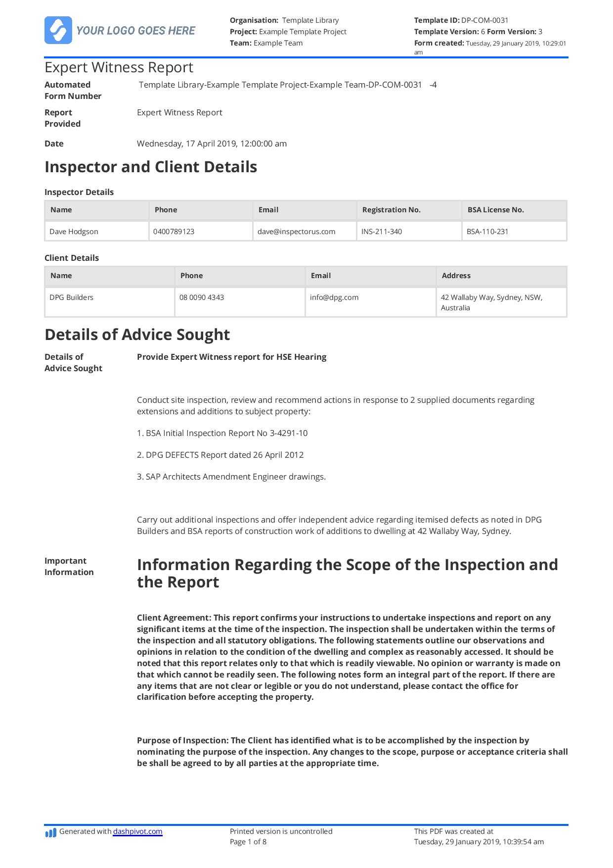 Construction Expert Witness Report Example And Editable Template With Regard To Report Content Page Template