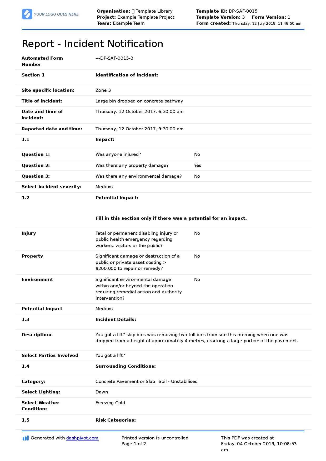 Construction Incident Report Template (Free & Editable Form) With Construction Accident Report Template