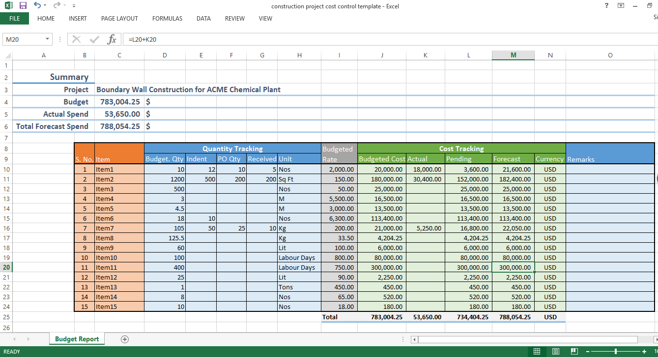 Construction Project Cost Control Excel Template Workpack In Job Cost Report Template Excel