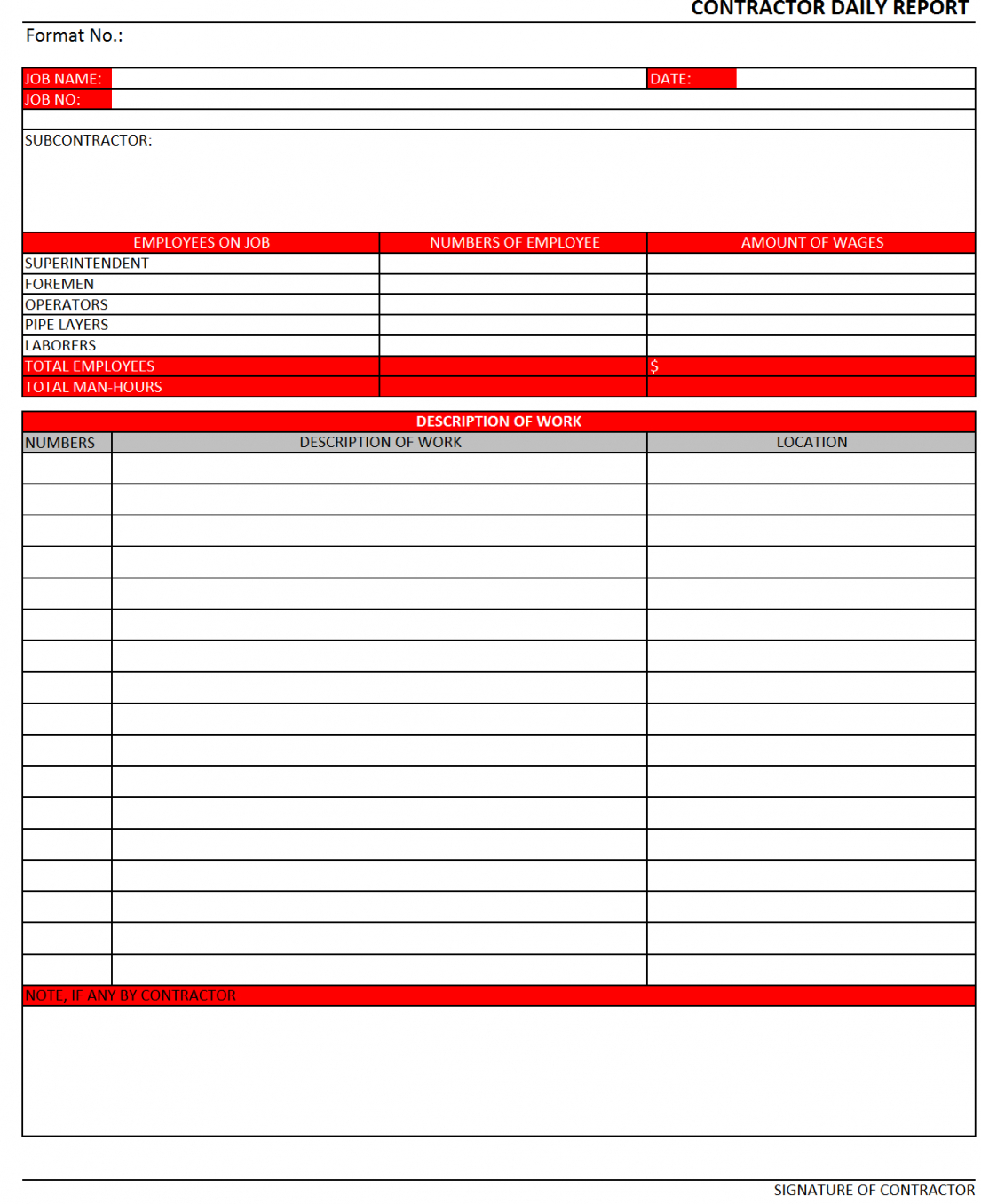 Contractor Daily Report Template Intended For Daily Work Report Template