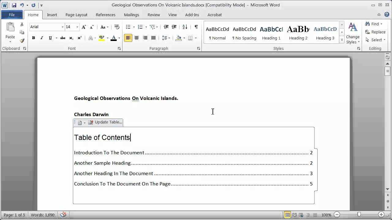 Creating A Table Of Contents In A Word Document – Part 1 Intended For Contents Page Word Template