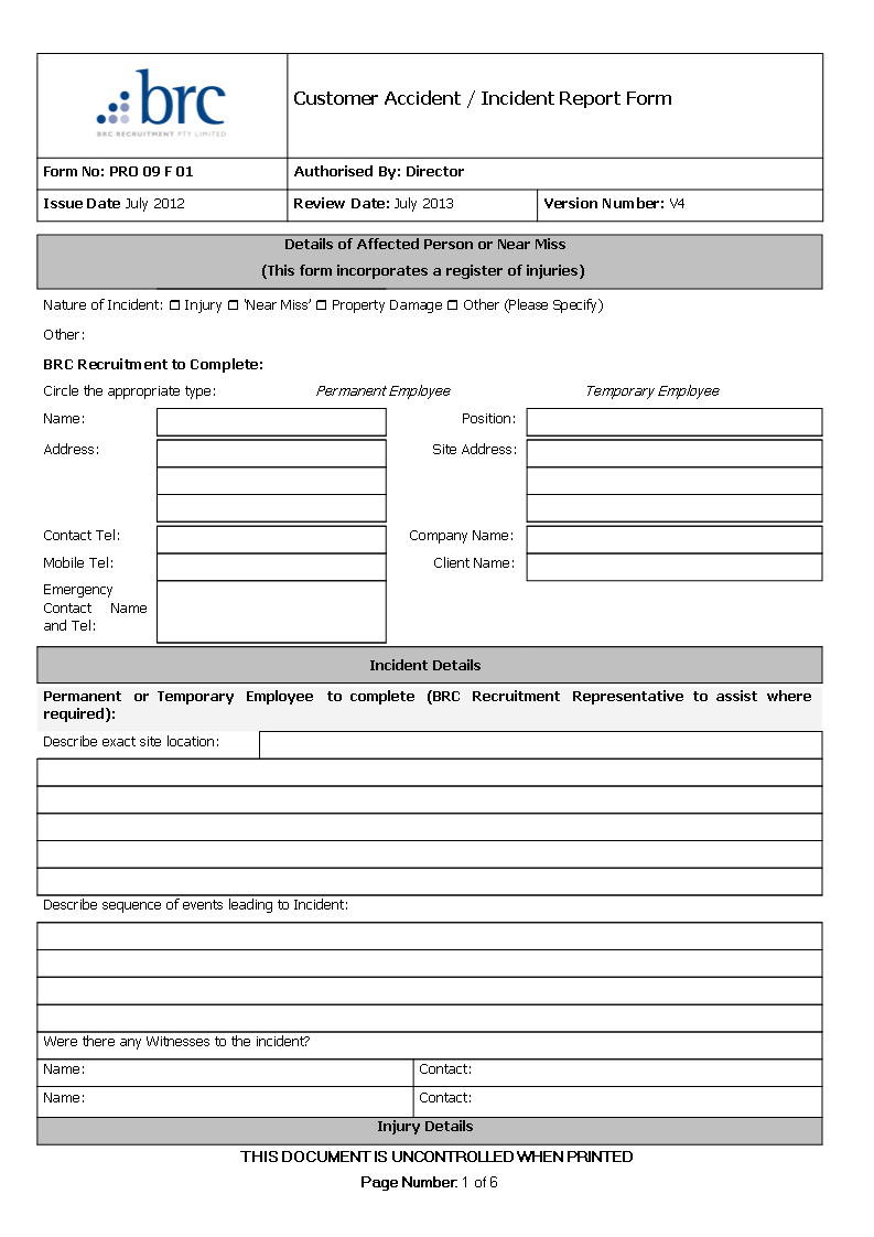 Customer Accident Incident Report | Templates At With Regard To Customer Contact Report Template