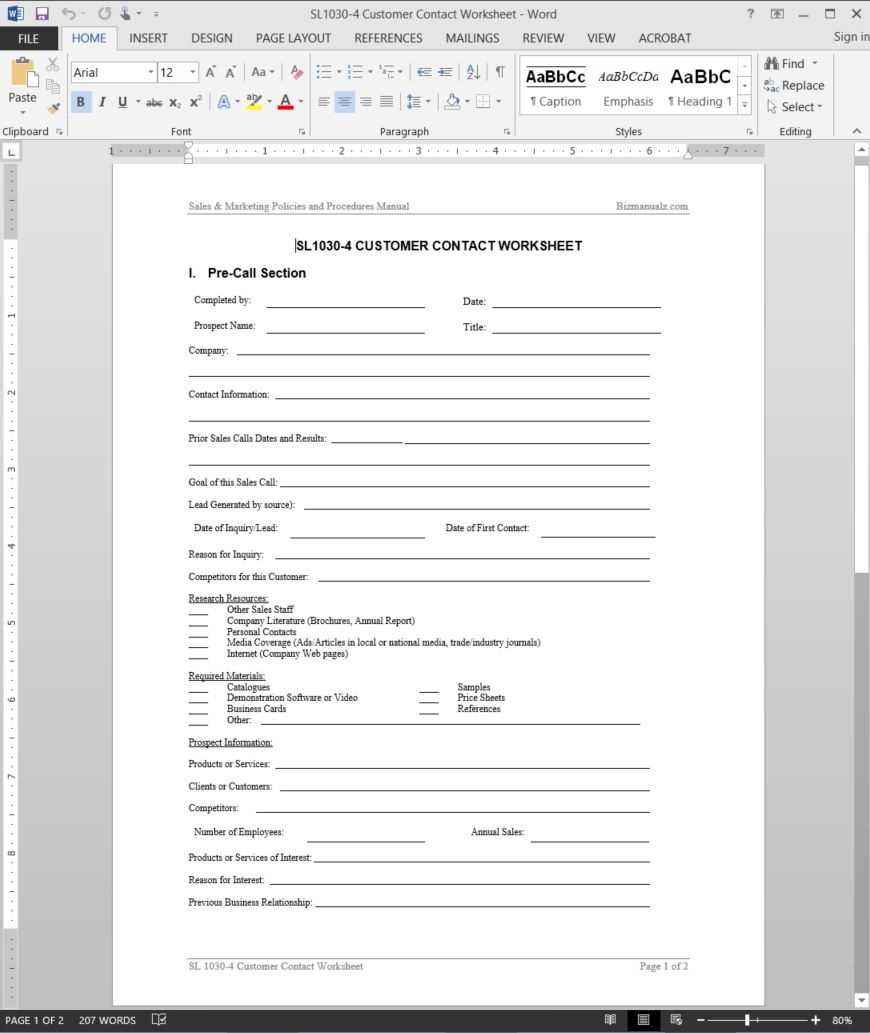 Customer Contact Worksheet Template | Sl1030 4 In Customer Contact Report Template