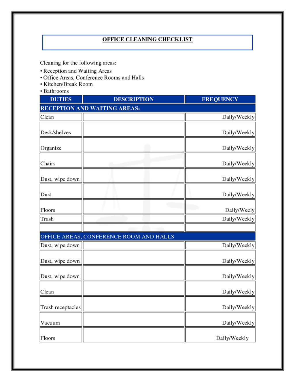 Daily Office Cleaning Checklist And Schedule Template Sample With Regard To Blank Cleaning Schedule Template