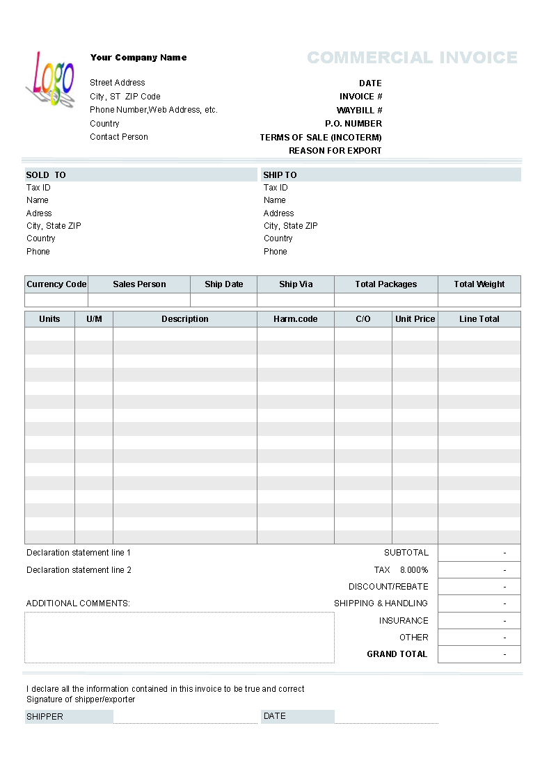 Doc Commercial Invoice Template Fee Download Pdf With Regard To Commercial Invoice Template Word Doc