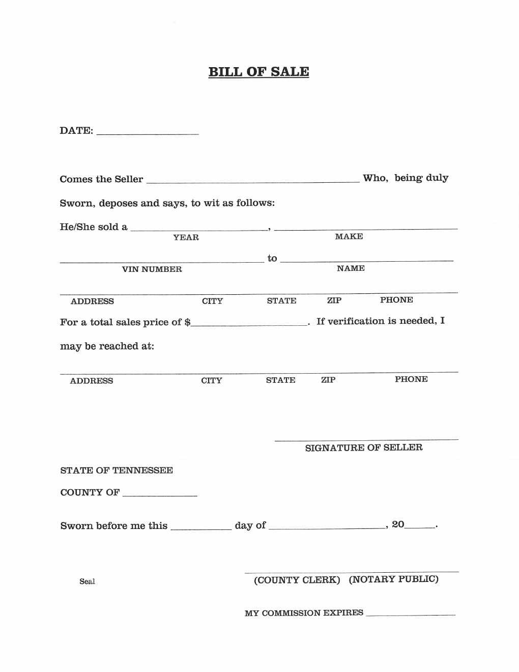 Download Free Tennessee Vehicle Bill Of Sale Form | Form In Vehicle Bill Of Sale Template Word