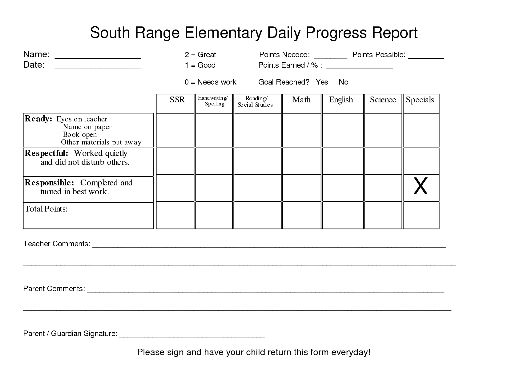 Downloadable Elementary School Daily Progress Report In Student Progress Report Template