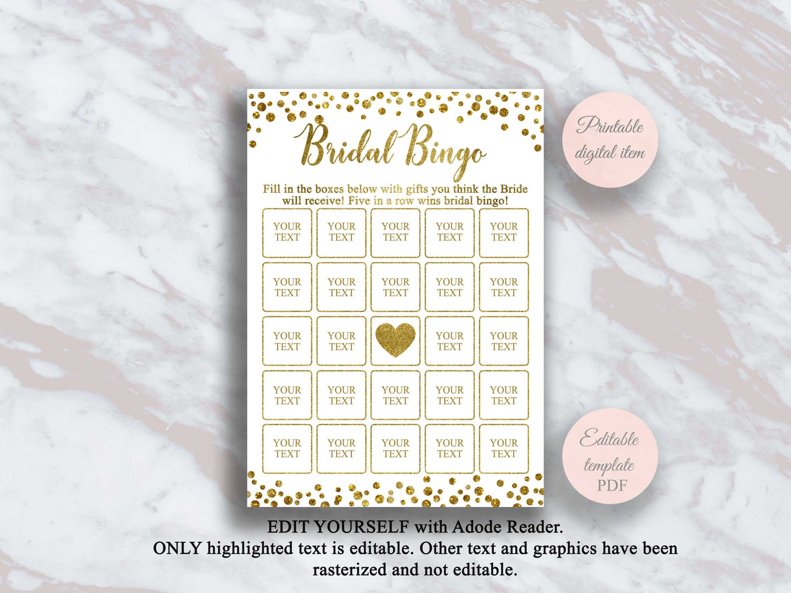 Editable Bridal Shower Bingo Cards Template, Gold Bridal Bingo, Bridal  Shower Games, Bridal Shower Ideas, Blank Bingo, Shower Activity, S2Br With Regard To Blank Bridal Shower Bingo Template