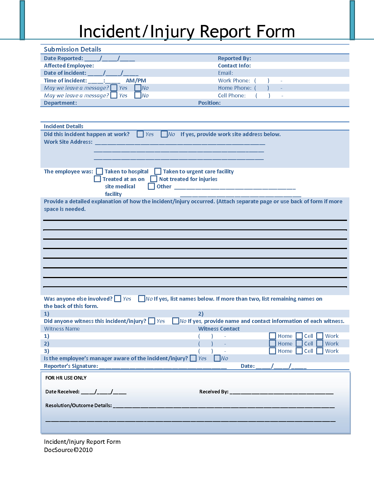 Effective Accident Injury Report Form Template With Blue Throughout Injury Report Form Template