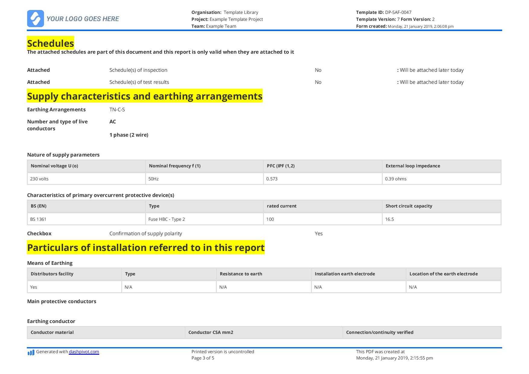 Electrical Installation Condition Report Sample And Free Throughout Safety Analysis Report Template