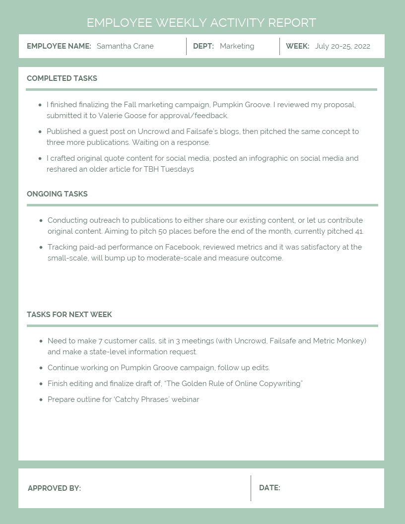 Employee Weekly Activity Report For Marketing Weekly Report Template