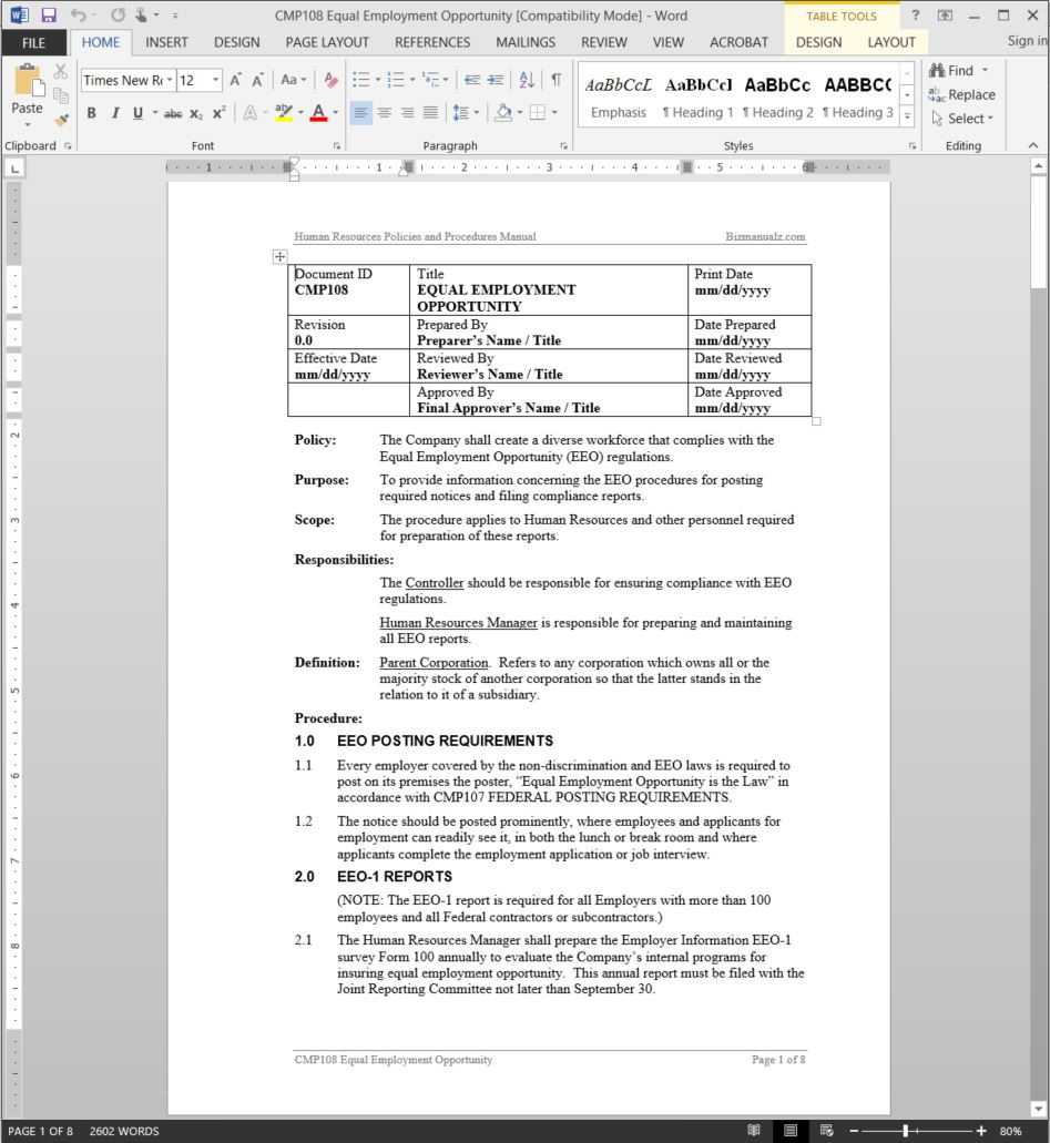 Equal Employment Opportunity Procedure Eeo | Cmp108 For Eeo 1 Report Template