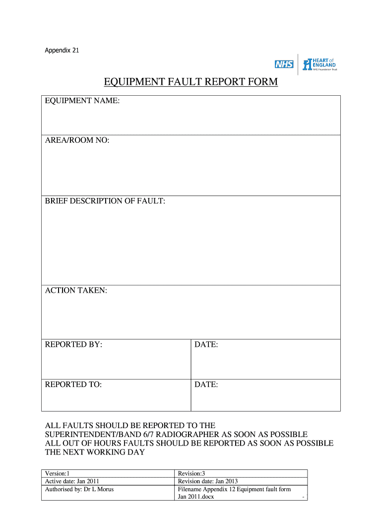 Equipment Fault Report – Fill Online, Printable, Fillable Throughout Equipment Fault Report Template