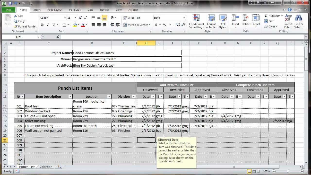 Excel 2010 Construction Punch List – Overview In Construction Deficiency Report Template