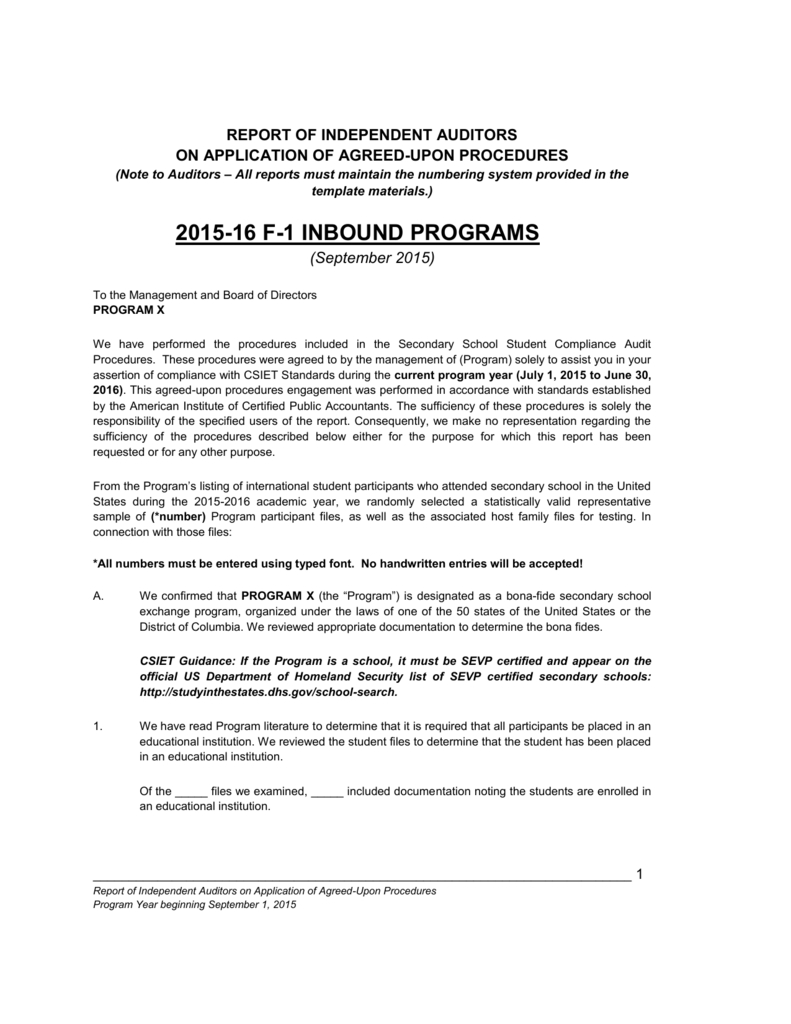 F 1 Compliance Audit Report Regarding Agreed Upon Procedures Report Template