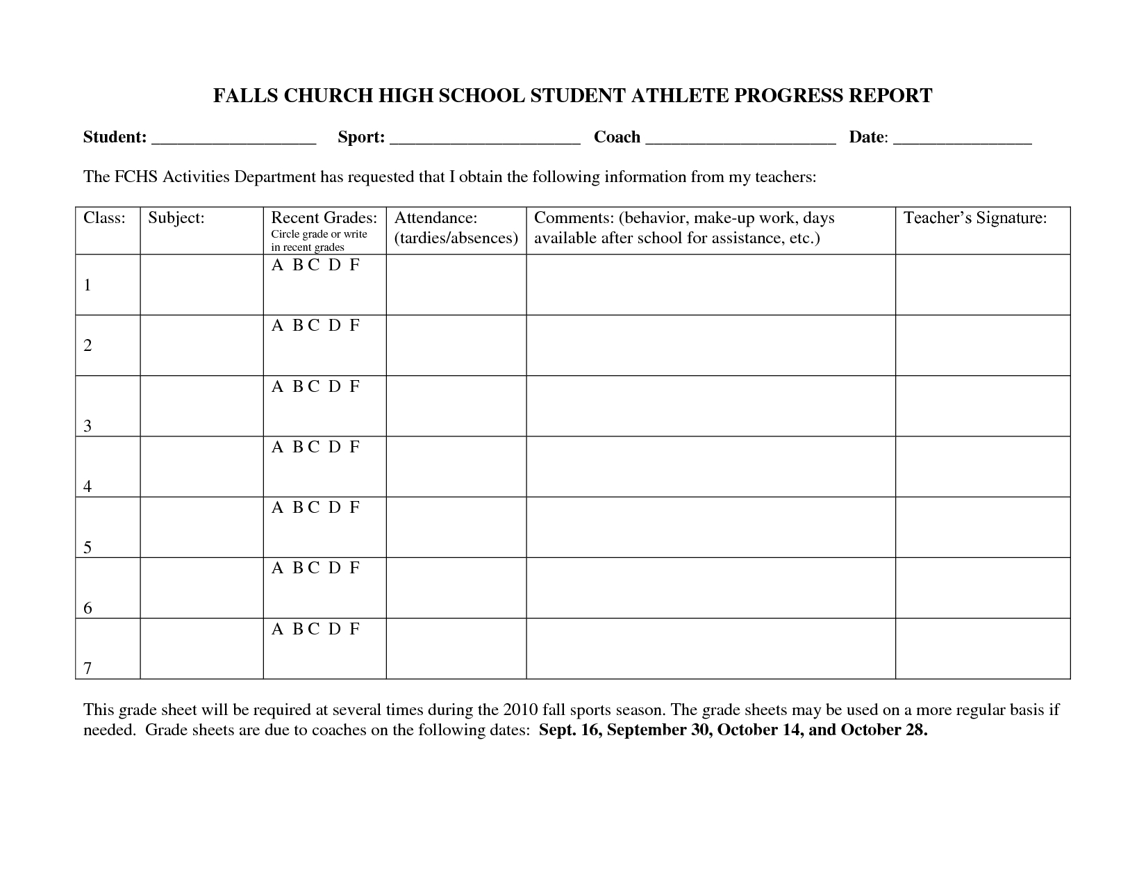 Falls Church High School Student Athlete Progress Report Within School Progress Report Template