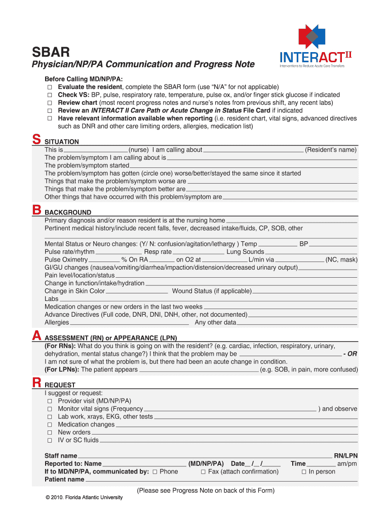 Fillable Sbar Template For Nurses – Fill Online, Printable With Regard To Sbar Template Word