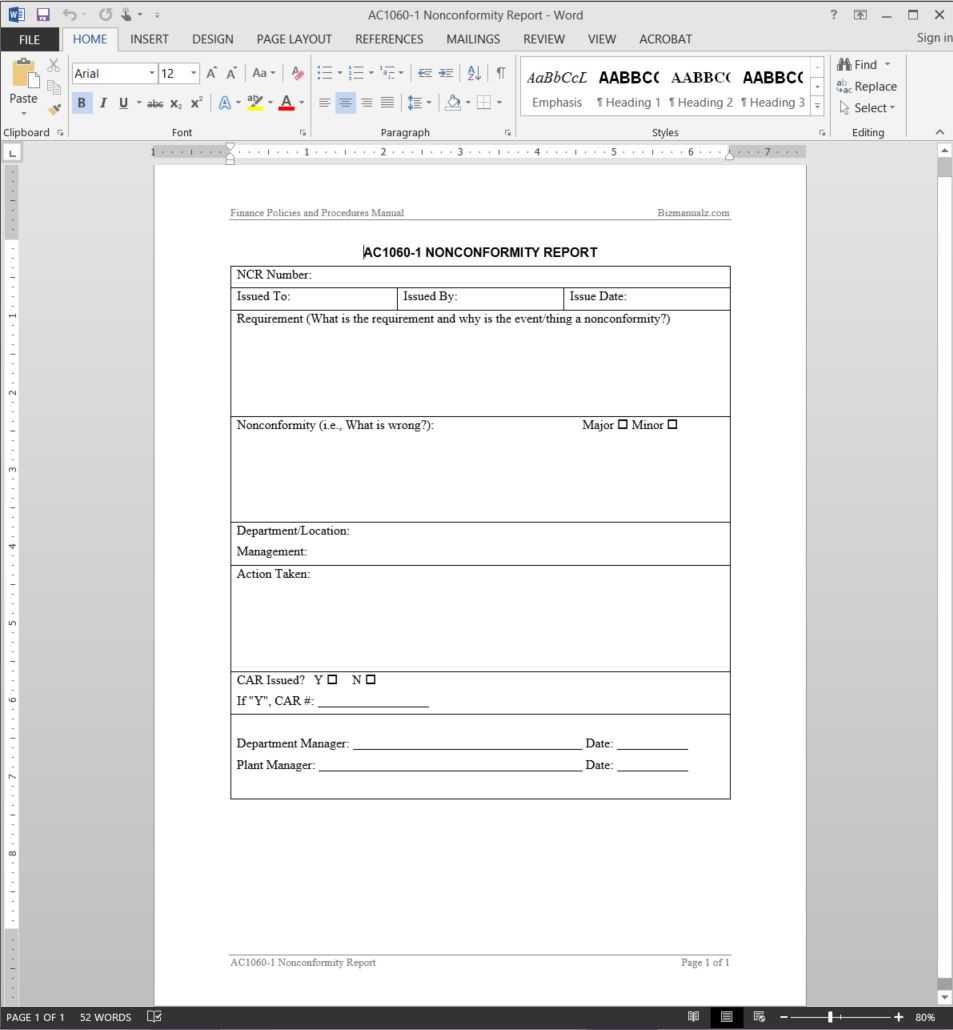 Financial Nonconformity Report Template | Ac1060 1 Pertaining To Quality Non Conformance Report Template